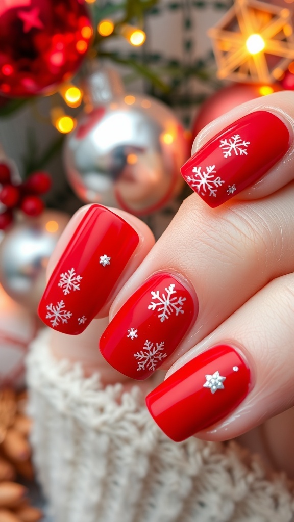 Cherry red Christmas nails with snowflake designs and glitter accents.